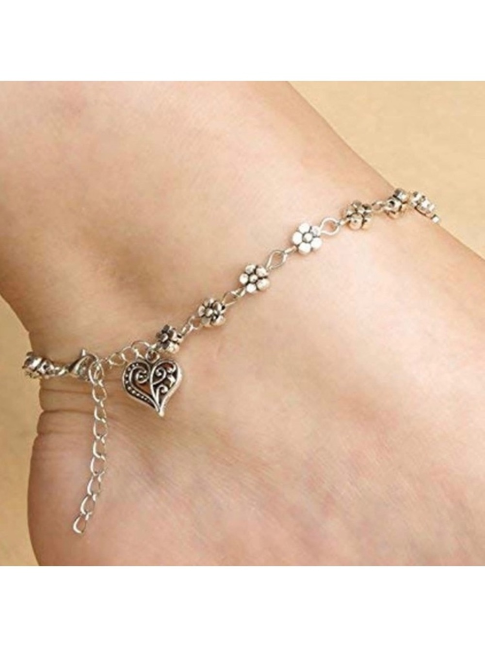 Flower Heart Silver Toned Dainty Boho Anklet